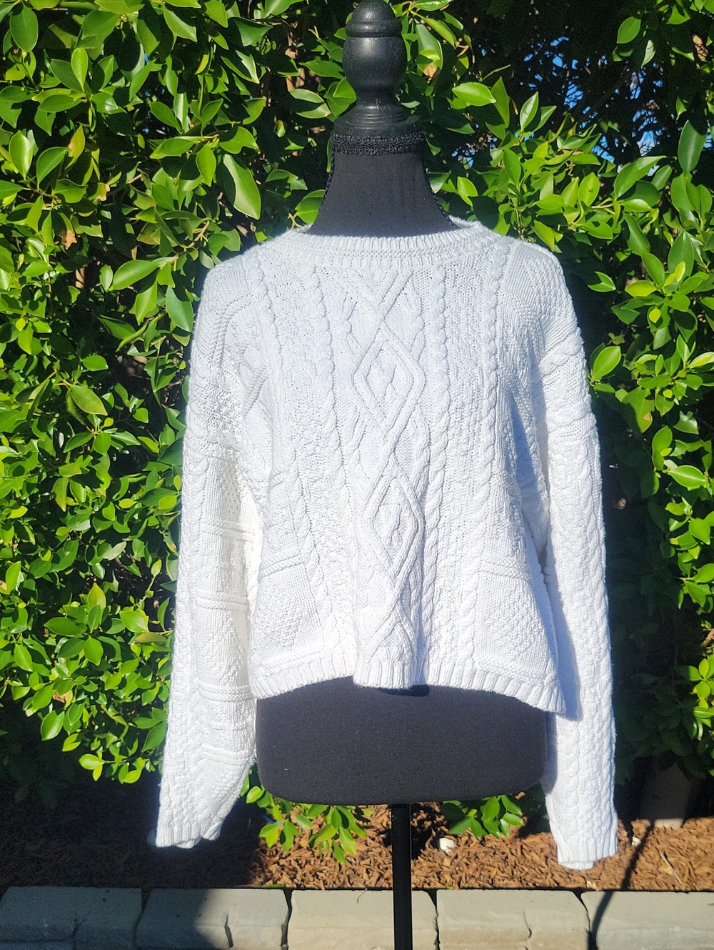 VTG 80s Forenza White Heavy Chunky Cable Knit Sweater M Made in USA 100% Cotton